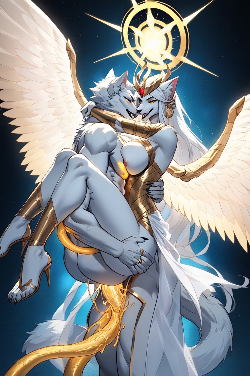 Glowing Black And Gold Tentacles, Magnificent, Flowing White Iridescent Translucent Sparkling Dress With Golden Glowing Details Furry AI Porn