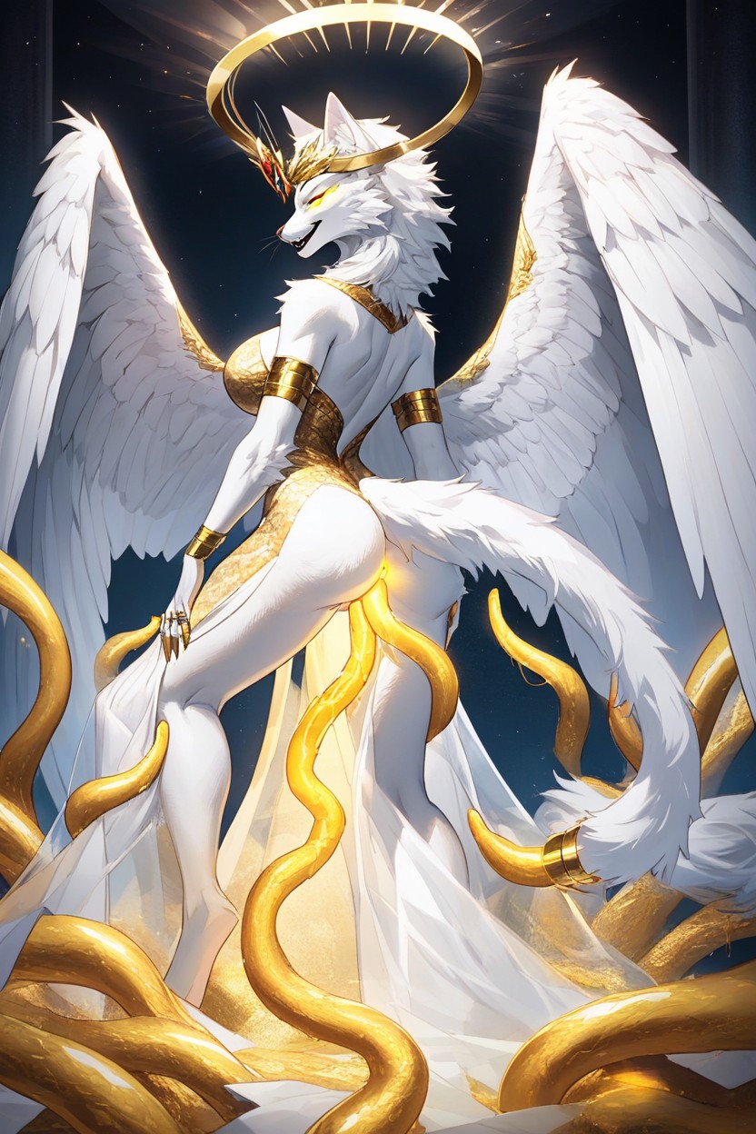 Soft Glowing Tentacles, Six Glorious Majestic Iridescent White And Wings With Gold Tips, Glowing Black And Gold Tentacles Furry AI Porn