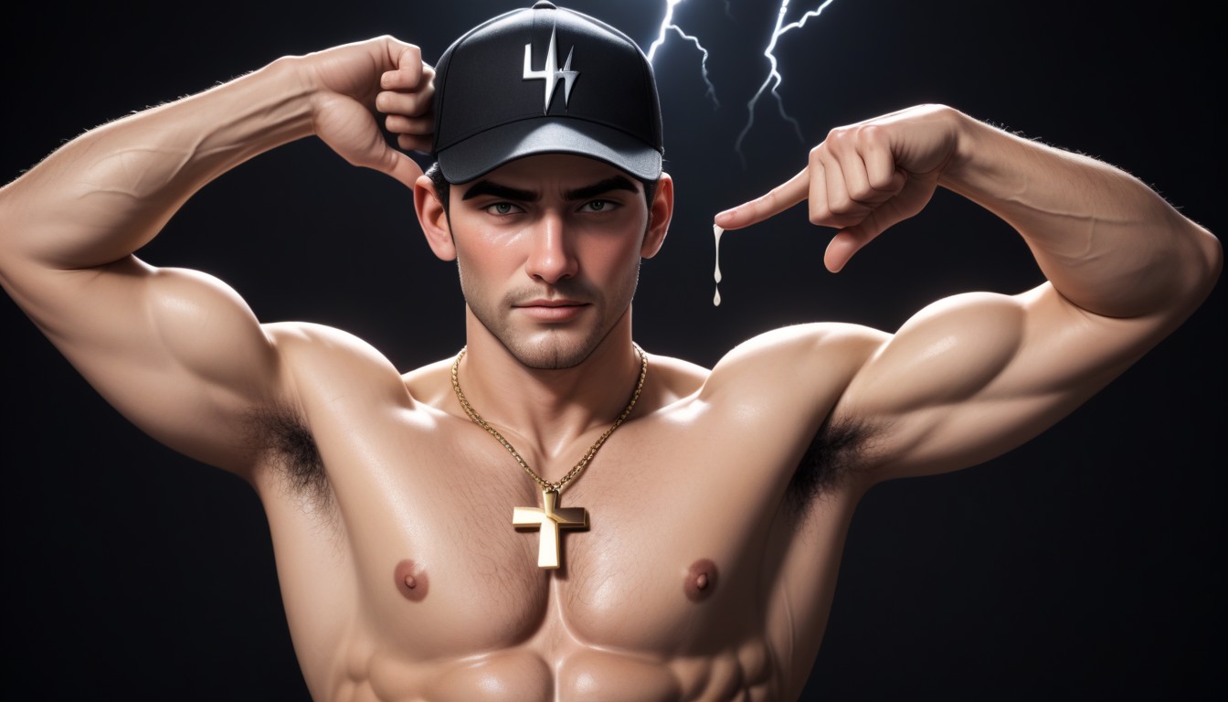 Wearing Black Baseball Cap With Letter "d" Embroidered On, Lightning Powers, Armpit Hair AI Gay Porn