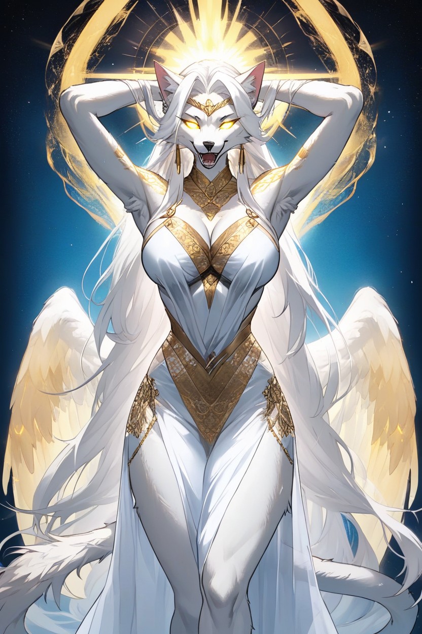 Six Glorious Majestic Iridescent White And Wings With Gold Tips, Sexy, Happy Furry AI Porn