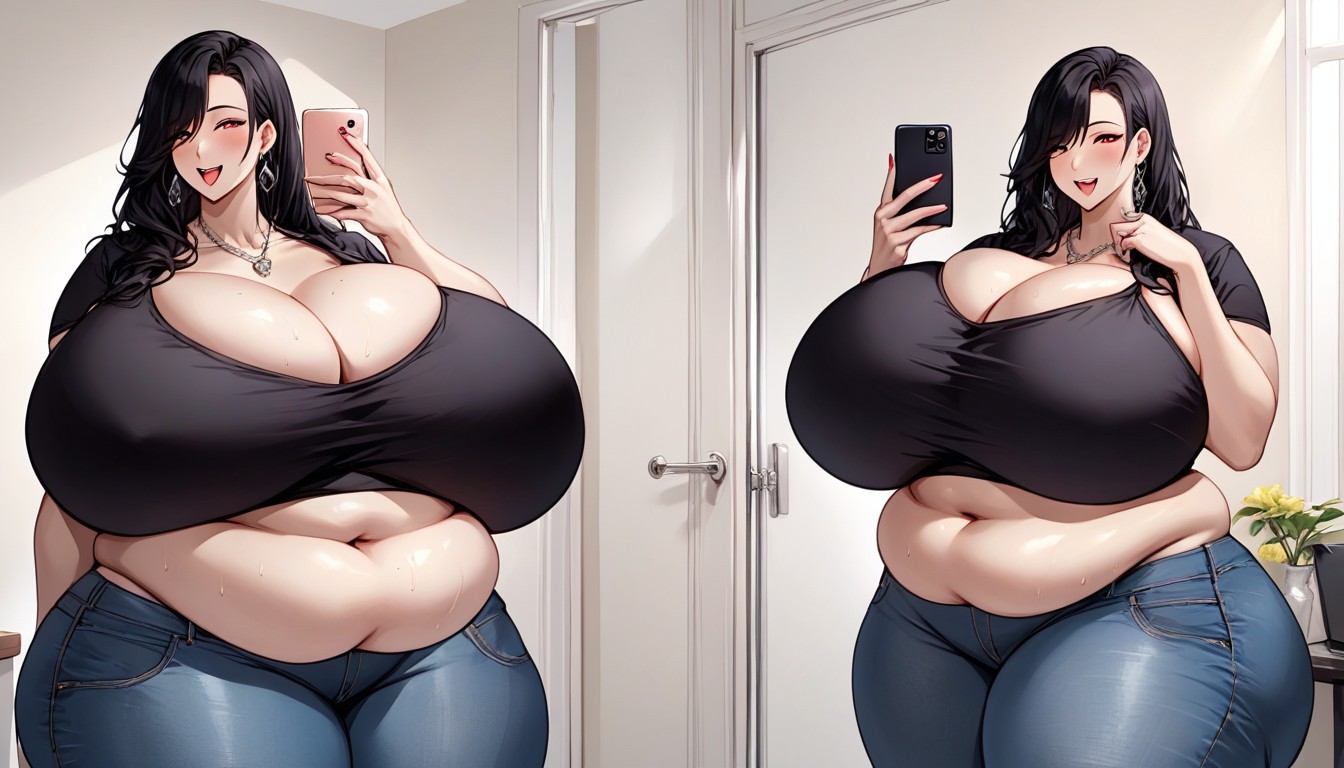 The Most Mega Ultra Hyper Enlarging Fat Breasts Expansion, Split Screen Veiws Of Her So Much More Drasticly Hyper Fatter Woman, Selfie BBW AI Porn