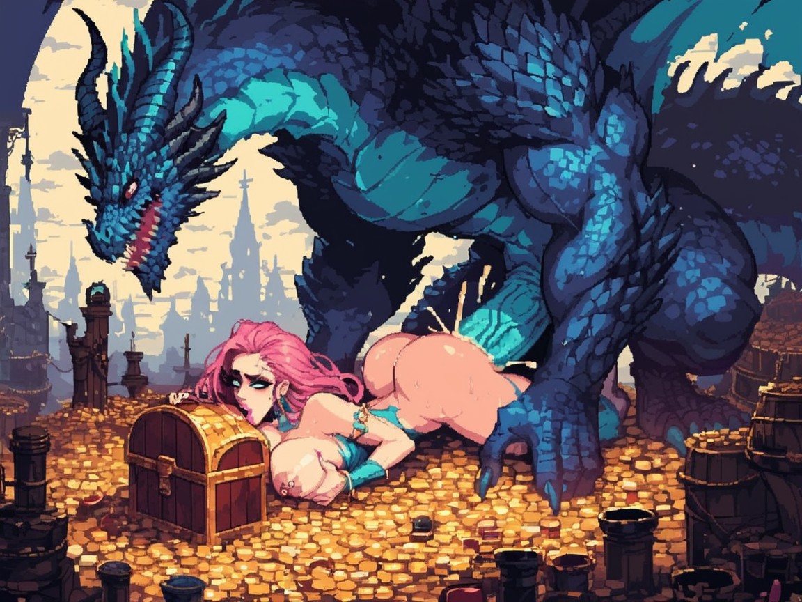 Huge Muscular Dragon, Extremely Beautiful Goth Bimbo, Very Pretty Face AI Porn