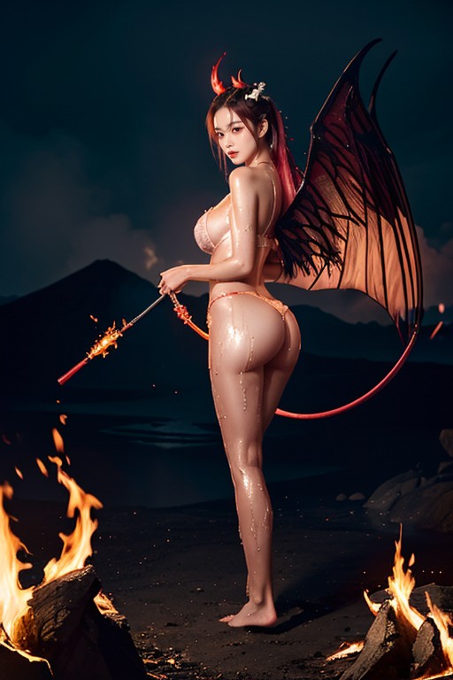 The Tail Gently Wraps Around Her Thigh, Visible Full Body, Holding A Flaming Whip Porno IA Asiatique