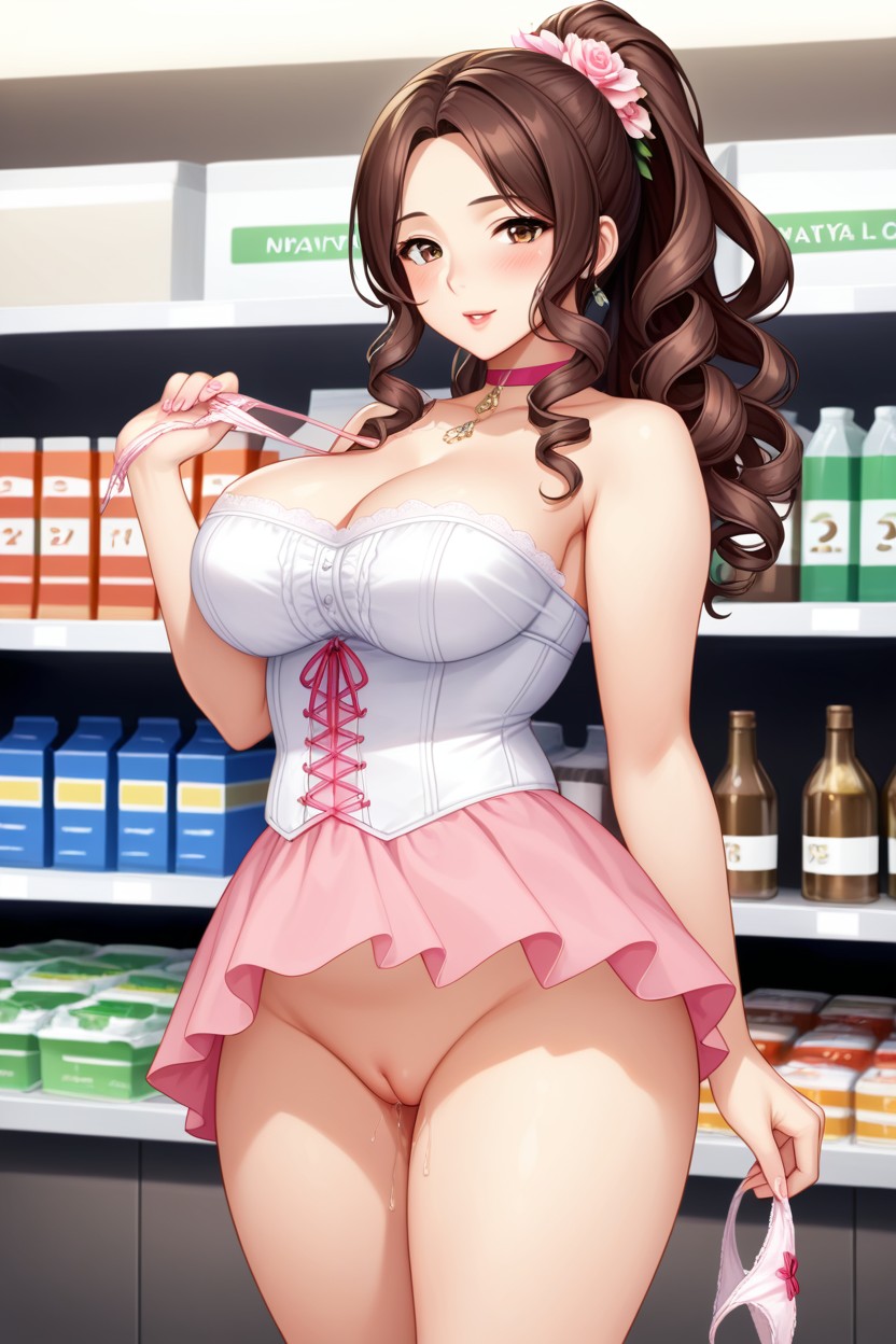 Blushing, Perfect Body, Brunette Hentai AI Porn