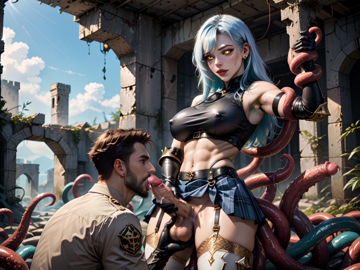 Tentacle Masturbating, Ruins, Spiked Penis Hentai AI Porn