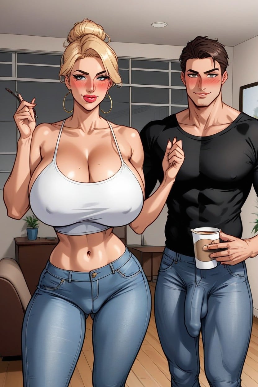 Big Round Jiggly Ass, Sexy Blonde Milf Step Step Step Step Step Mom Standing Next To A Man, Full Thick Pouty Lips AI Porn