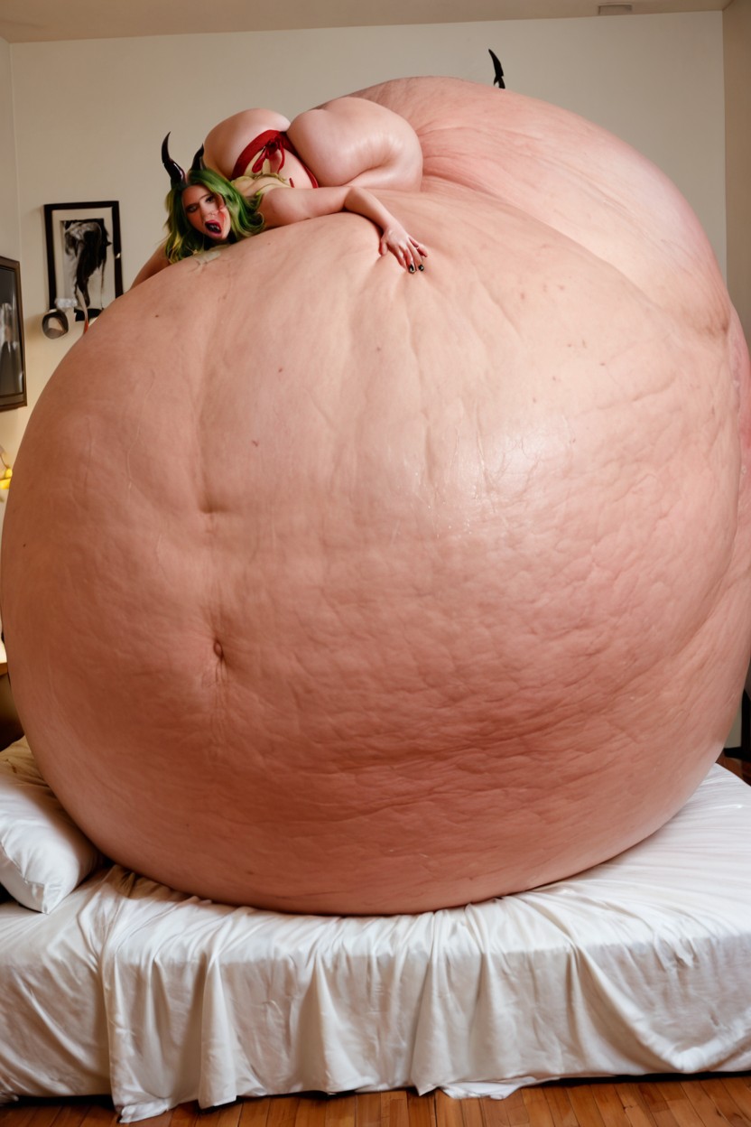 Worried Look On Her Face, Hyper Giant Stomach, Bent Over On Top Of Her Belly BBW AI Porn
