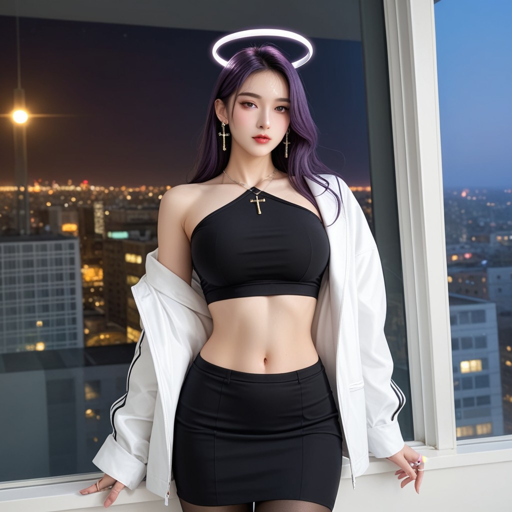 Purple Long Hair, 거대한 가슴, Cross Necklace 아시아 AI 포르노