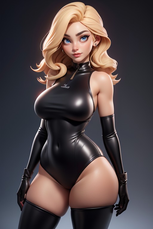 Sexy Confident, Black Leather Swimsuit Covering Neck, Curvy Hips Hentai AI Porn