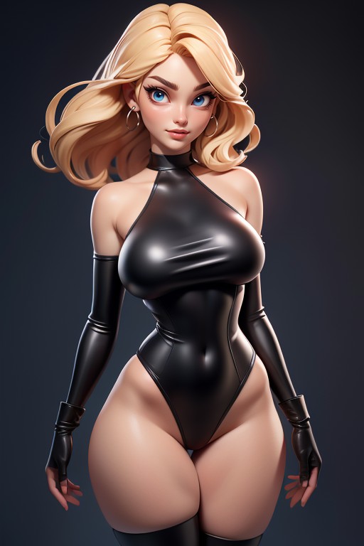 Curvy Hips, Thigh Skin Exposed, Black Latex Thigh Socks Hentai AI Porn