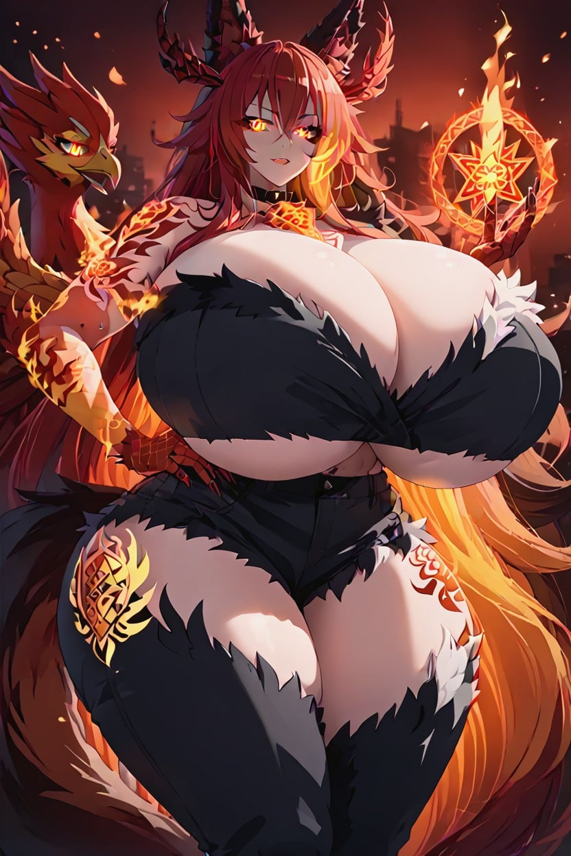 Gold Tassets On Hips, Dragon Scales On Legs, Fiery Fluffy Fur On Neck Hentai IA