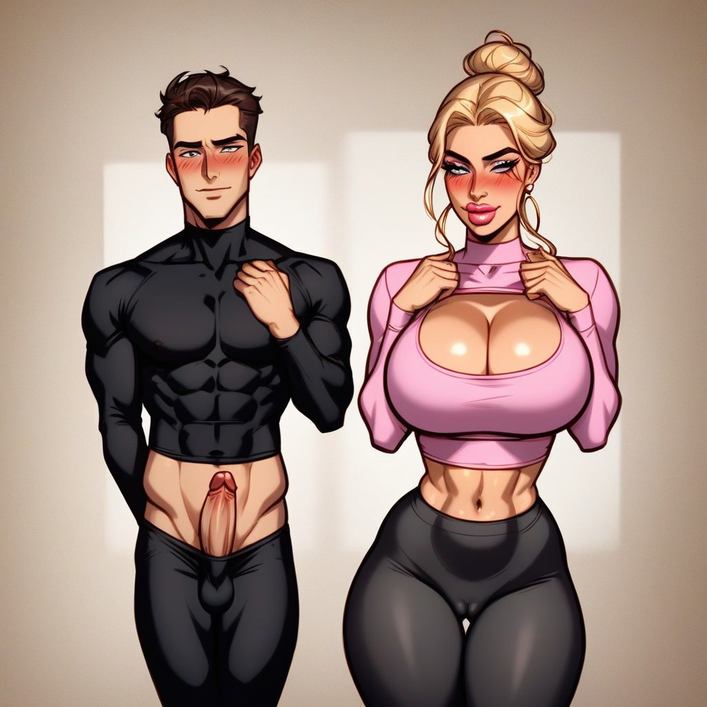 Milf Staring At Bulge, Very Long Uncut Penis Print In The Mans Pants, Woman Wearing Pink Yoga Pants And Long Sleeve Crop Top AI Porn