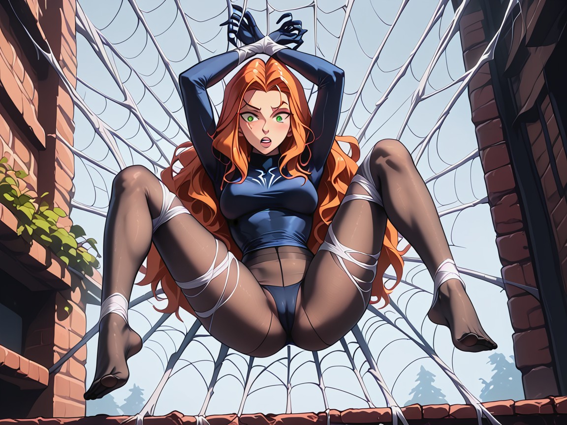 Struggling, Spider Web All Over Body, Green Eyes Hentai AI Porn