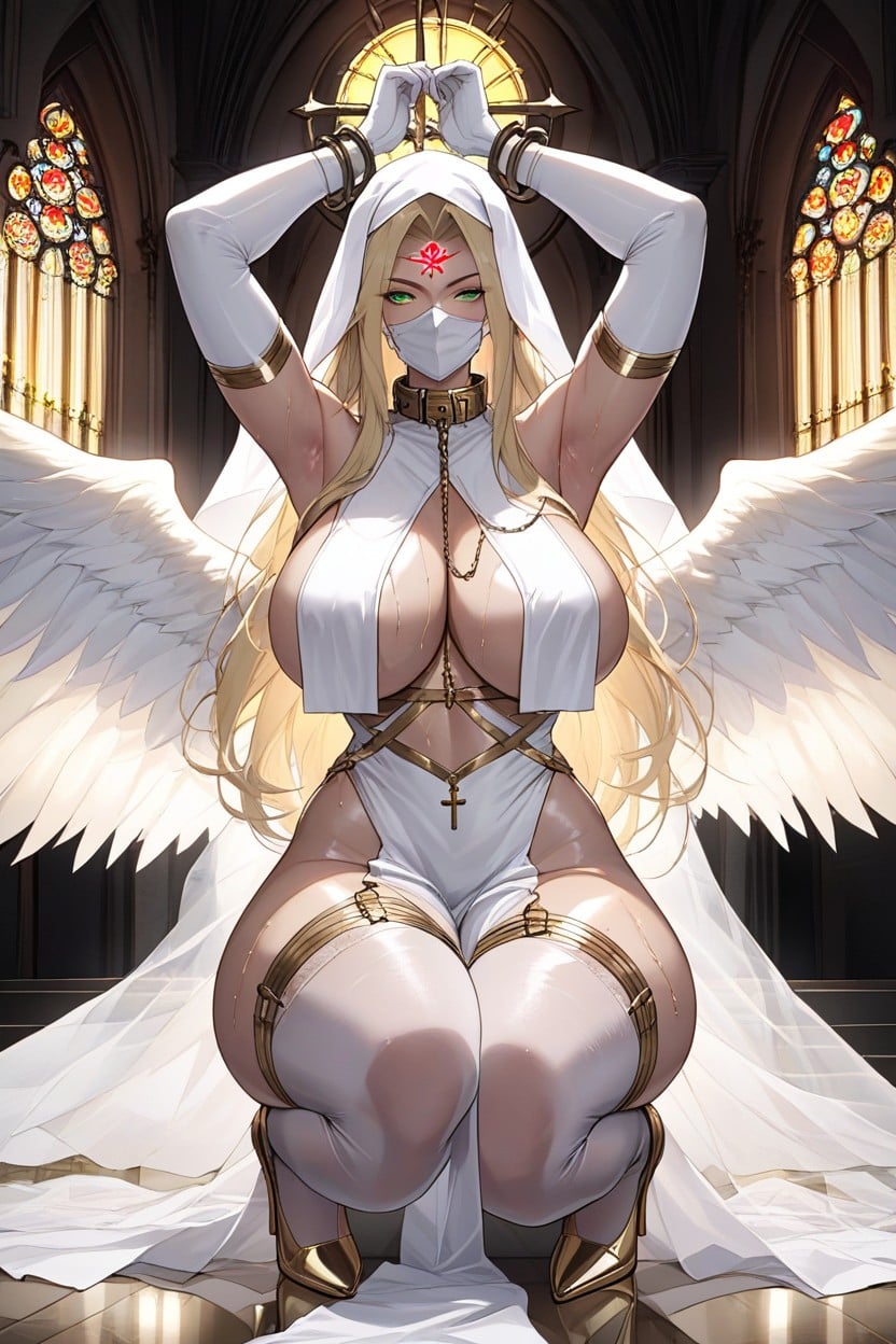 White Nylon Stockings With Gold Elements, Gigantic Ass, Beautiful Detailed Eyes Hentai AI Porn