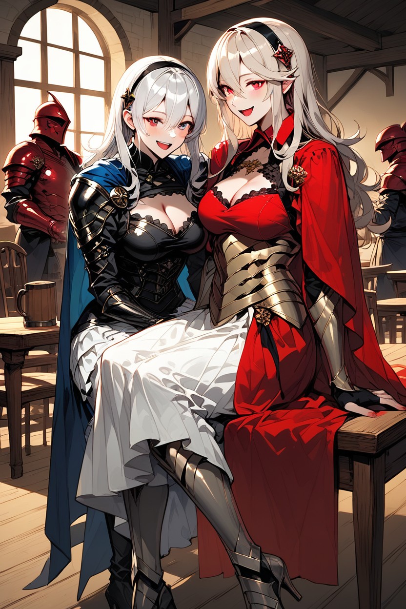Cleavage, High Heeled Boots, Sitting In Medieval Tawern Hentai AI Porn