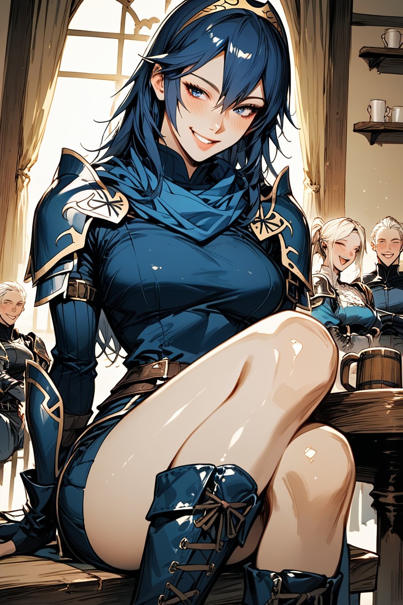 Crowded Tawern, Sitting Cross-legged, Lucina From Fire Emblem Hentai AI Porn