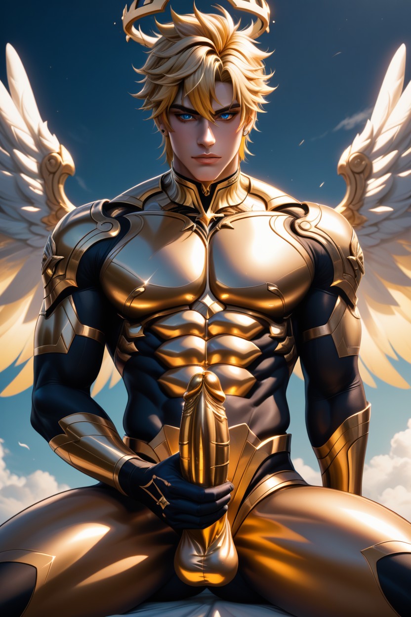 Reflective Polished Gold Metallic Skin, Front View, Metallic Sheen AI Gay Porn