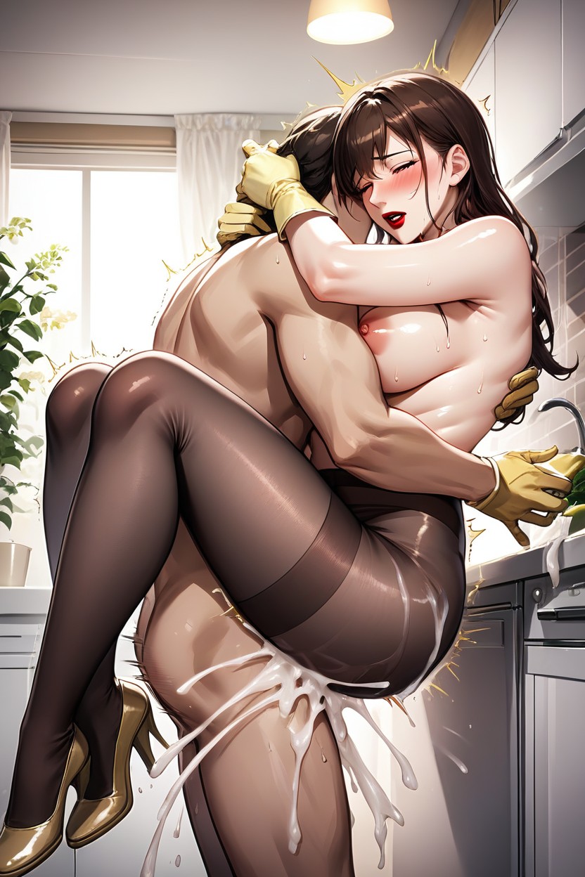 Translucent Yellow Beige Kitchen Gloves Medium Length Very Detailed, Intimate Sex, Excessive Cum AI Porn