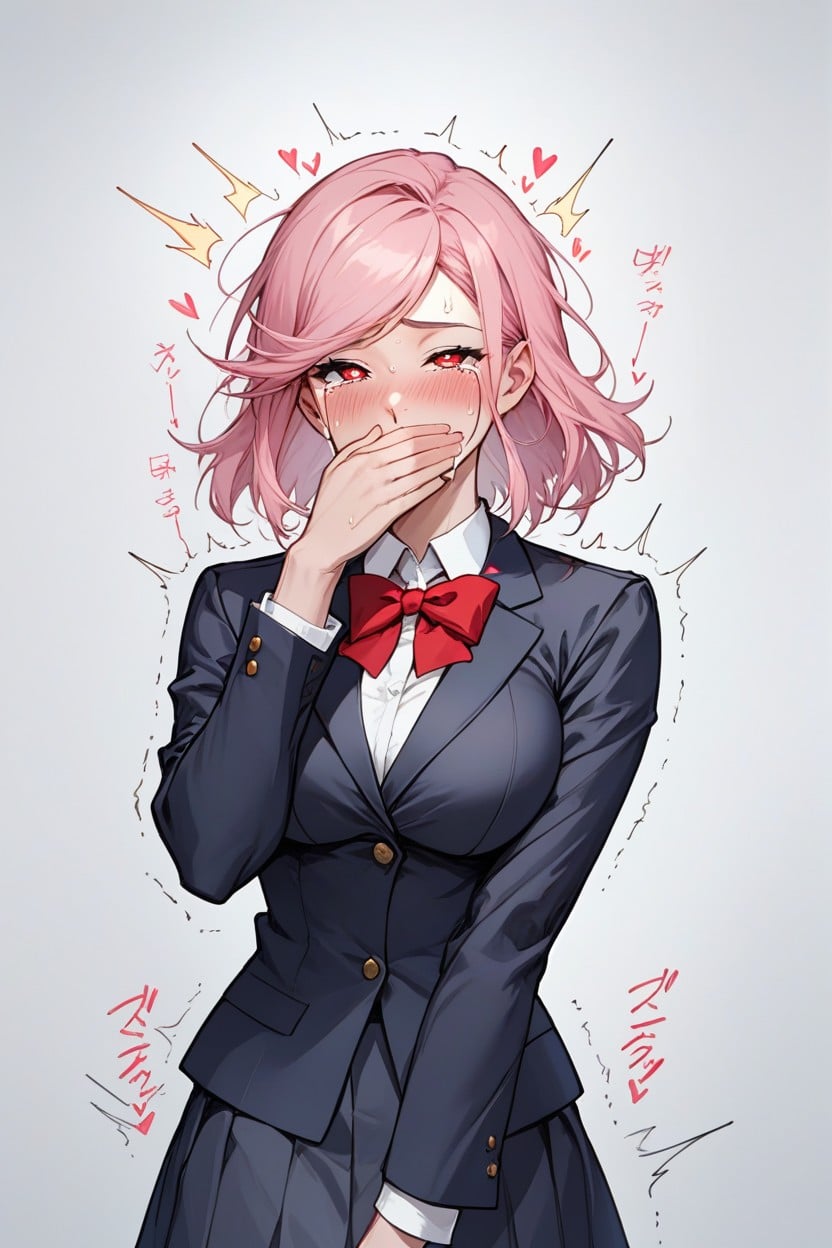 Thick Eyelashes, Pink Hair, Navy Skirt Hentai AI Porn