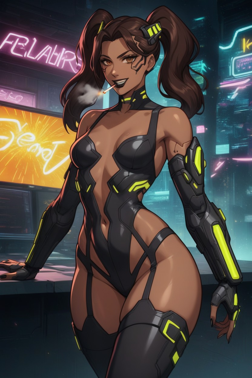 Cyberpunk Hacker, Data Vault Background, Neon Latina AI Porn