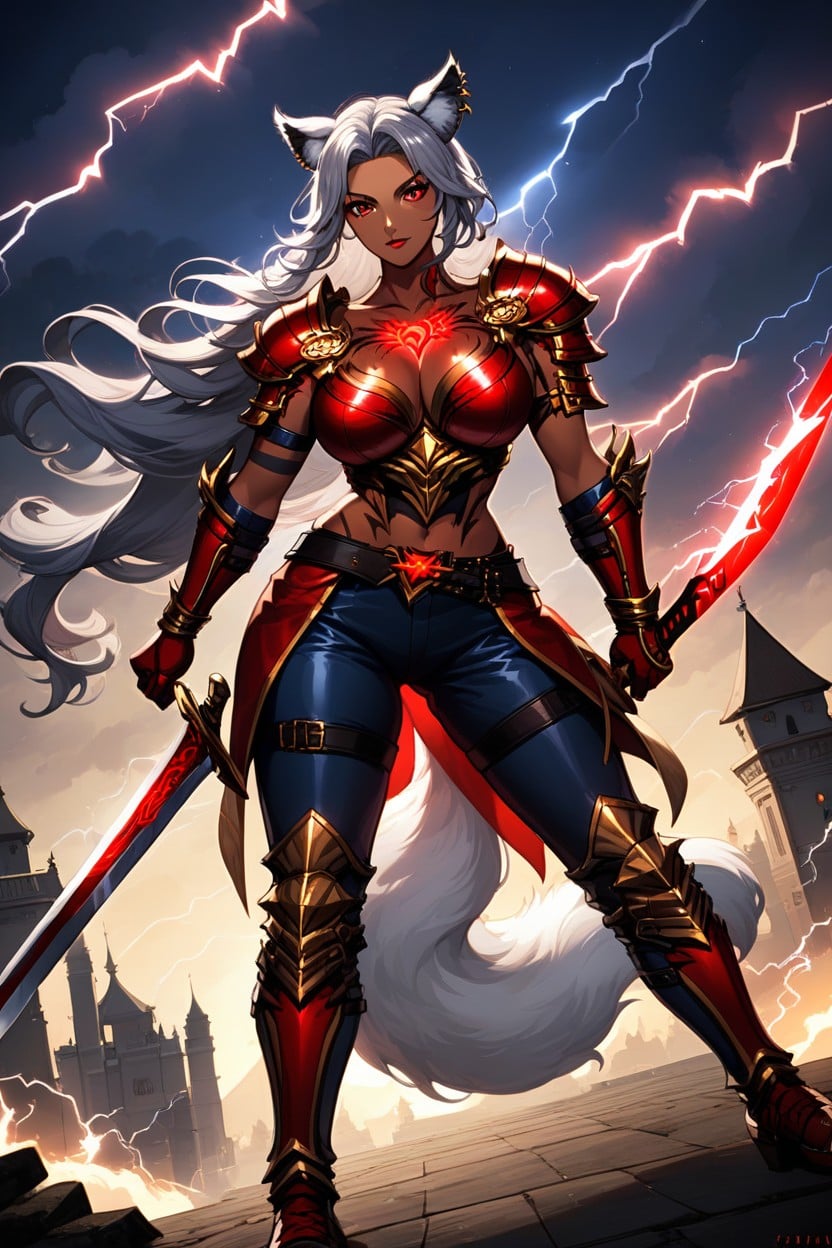 Red Lightning Tiger Stripe Tattoos On Chest, Cosplay, Armor Faulds With Long Armor Tassets Hentai AI Porn