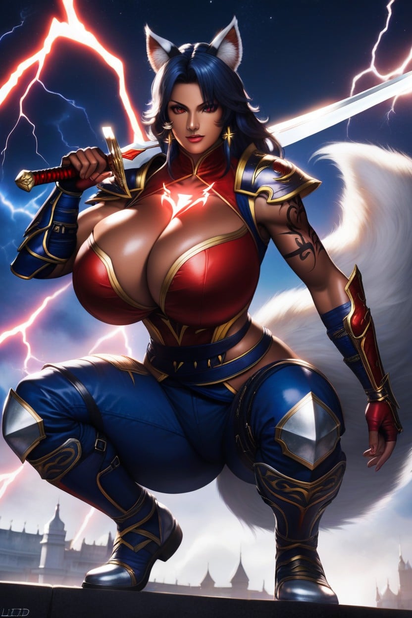 Cosplay, Big Ass, Red Lightning Bolt Stripes On Arms Hentai AI Porn