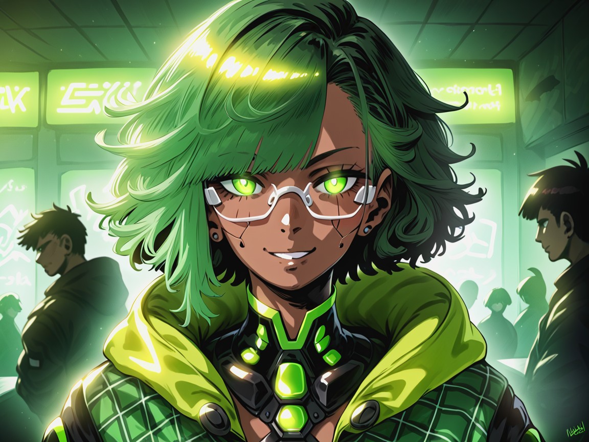 Very Short Hair, Light Up Green Plaid Skirt, Squared Chest Width Hentai AI Porn