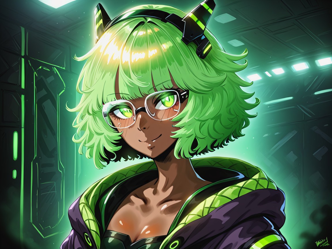 Light Up Green Plaid Skirt, Robotic Droids In Background, Rectangle Body Type Hentai AI Porn
