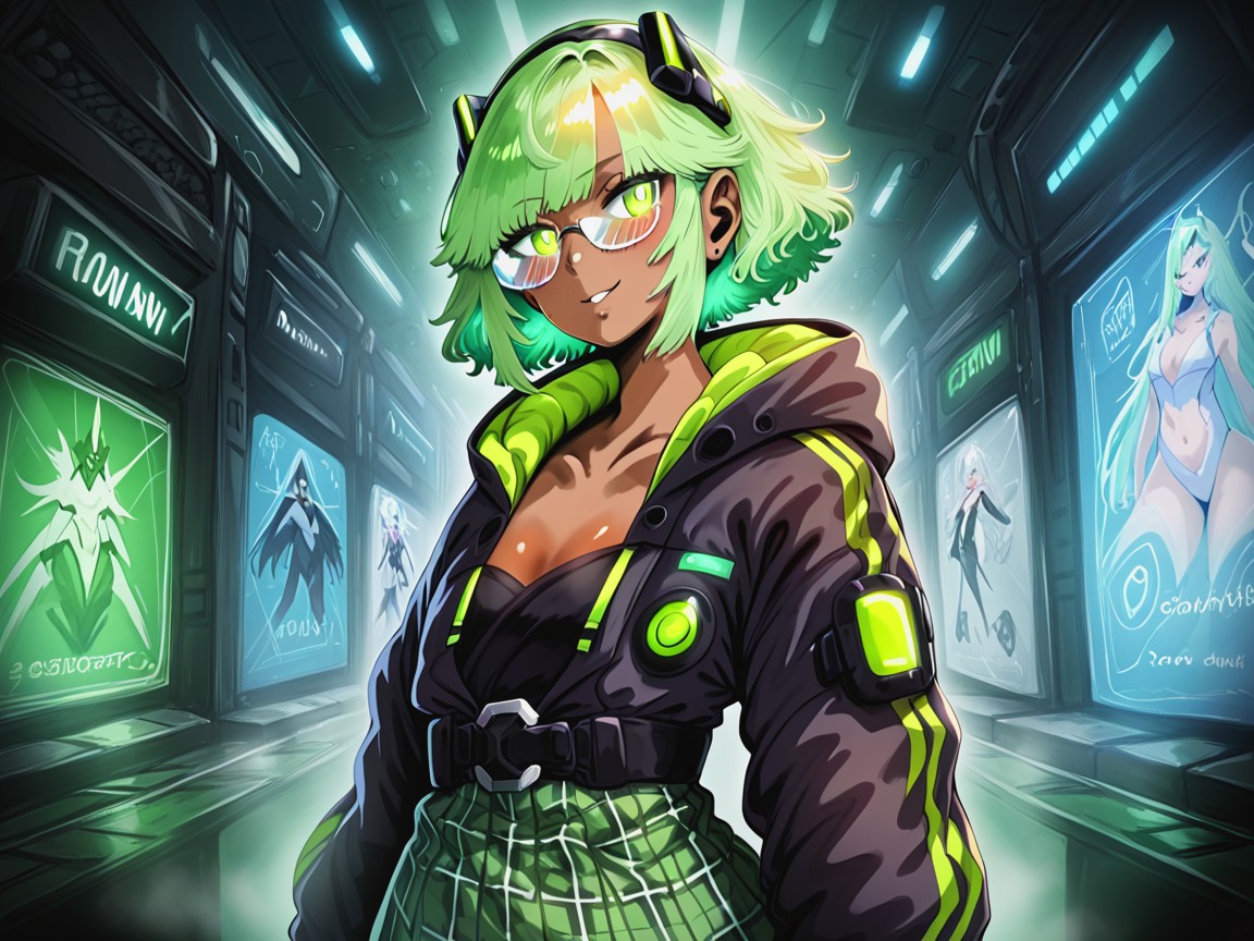 Squared Breast Width, Light Up Green Plaid Skirt, Green Eyes Hentai AI Porn