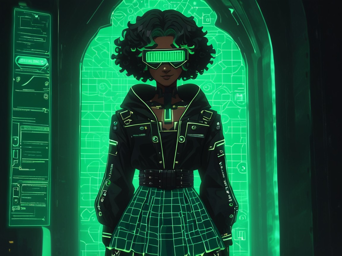 Wide Proportionate Waist, Green Digital Light Bloom, Black Curly Hair AI Porn