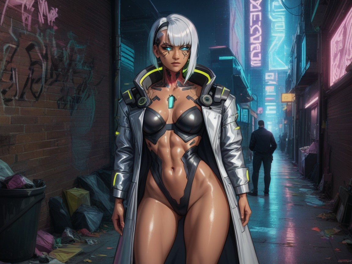 Cyber Silver Tiger Mask, Squared Thighs, Silver Neon Light Bloom Porno latina IA