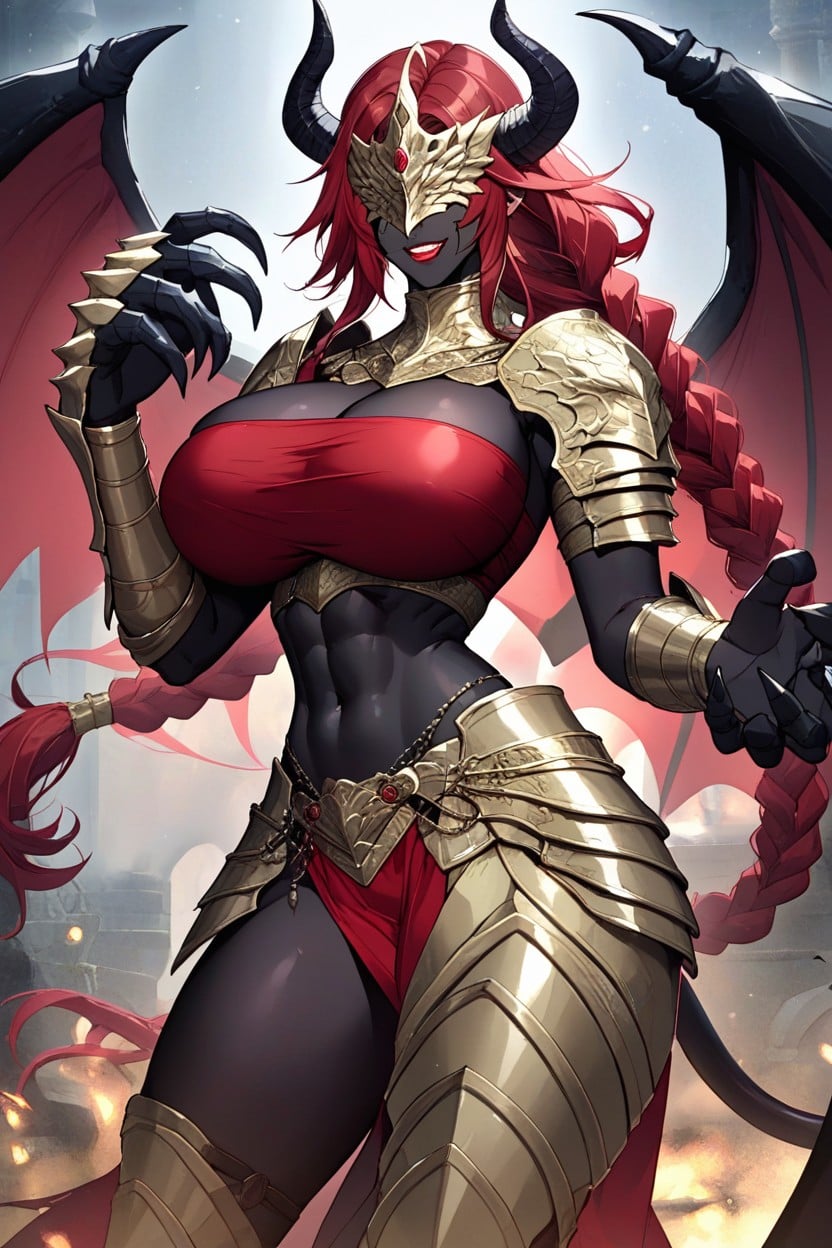 Black Eye Mask With Red Fiery Design Over Eyes, Knight, Minotaur Horns AI Porn