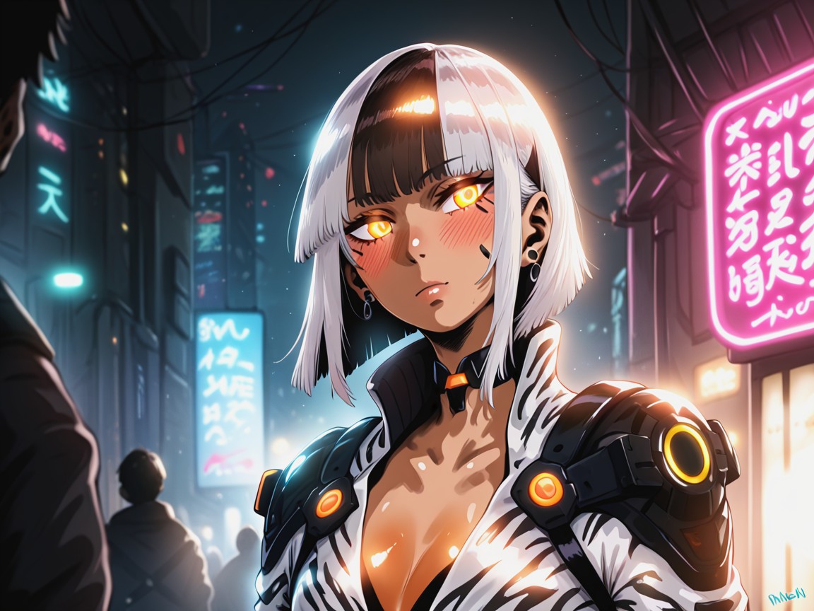 Silver Tiger Print Bodysuit, Fit, White Hair Hentai AI Porn