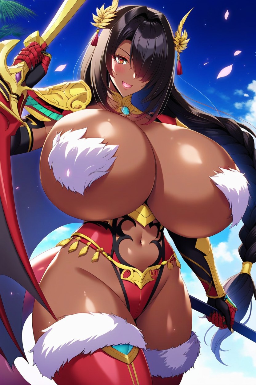 Dark Brown Skin, Wolfcut Hair, Holding Shield And Sword Furry IA
