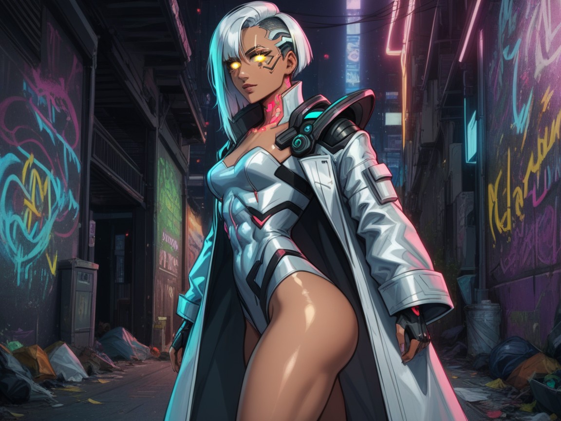 Squared Firm Breasts, Silver Neon Light Bloom, Cheveux Blancs Porno IA Latina