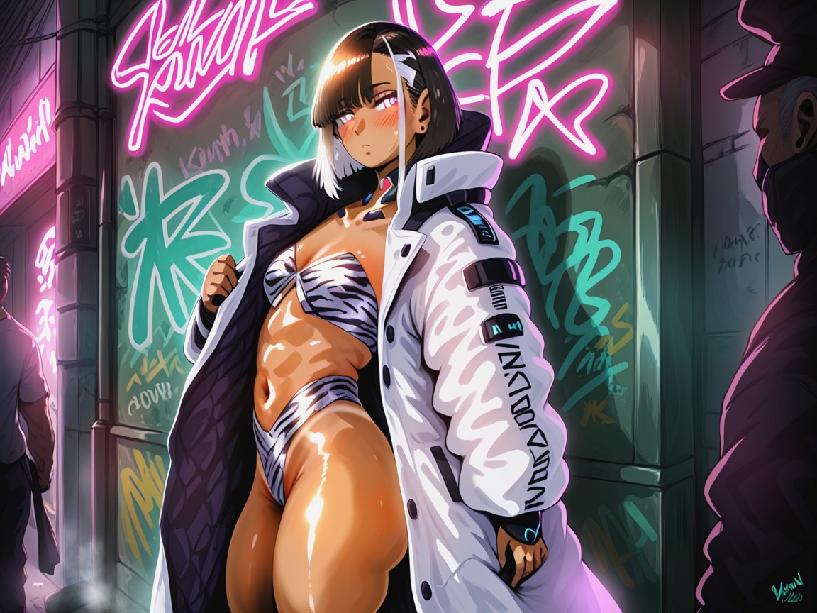 Fit Body, Squared Firm Ass, Wearing Silver Tigerprint Cyberpunk Clothes Hentai AI Porn
