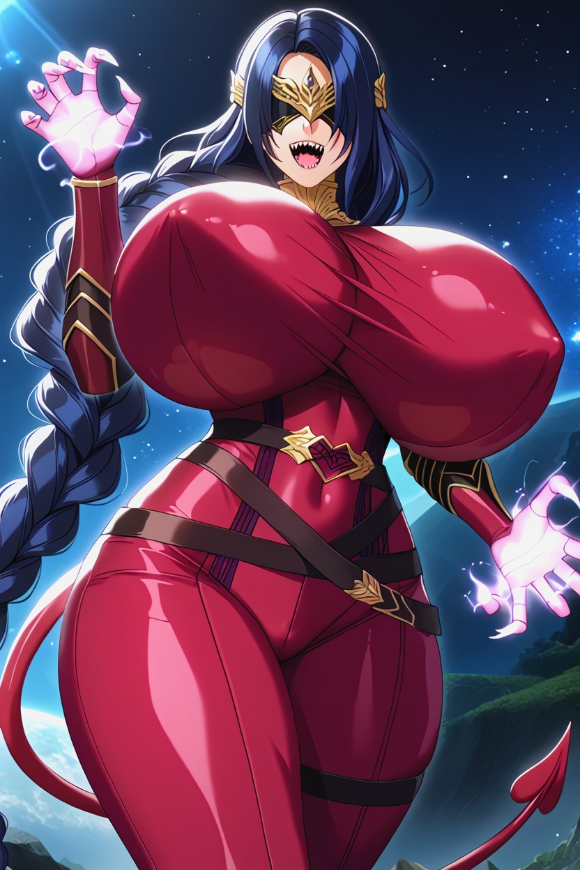 Black Eye Mask With Cosmic Design Over Eyes, Armor, Motto Haramase Honoo No Oppai Isekai Chou Ero Succubus Gakuen AI Porn