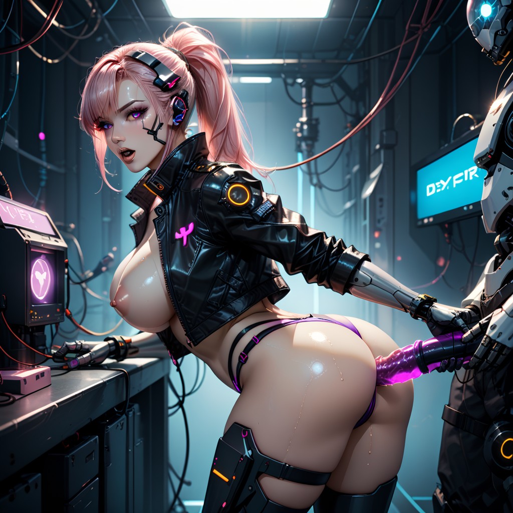 Cyberpunk, Glowing Blue Dildo, Legs Spread Hentai AI Porn