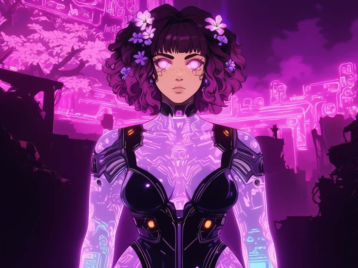 Bio Engineer, Bioluminescent Glow, Wearing Purple Flowerprint Cyberpunk Clothes AI Porn