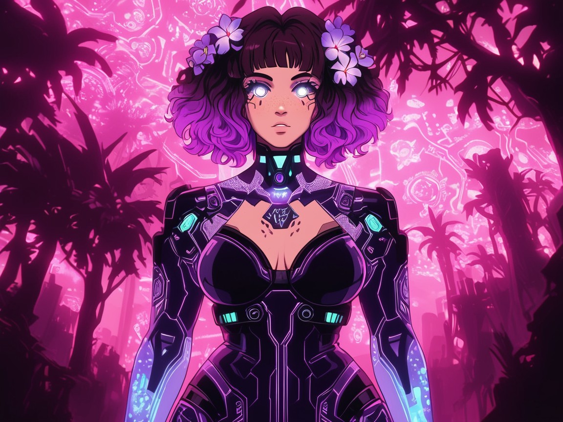 Wearing Purple Flowerprint Cyberpunk Clothes, Ambient Purple Mist, Permed Hair AI Porn