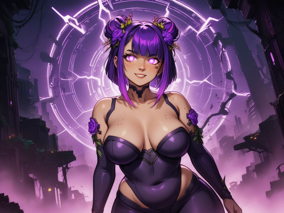 두꺼운 체형, Ambient Purple Mist, Wearing Purple Flowerprint Cyberpunk Clothes 라틴 AI 야짤