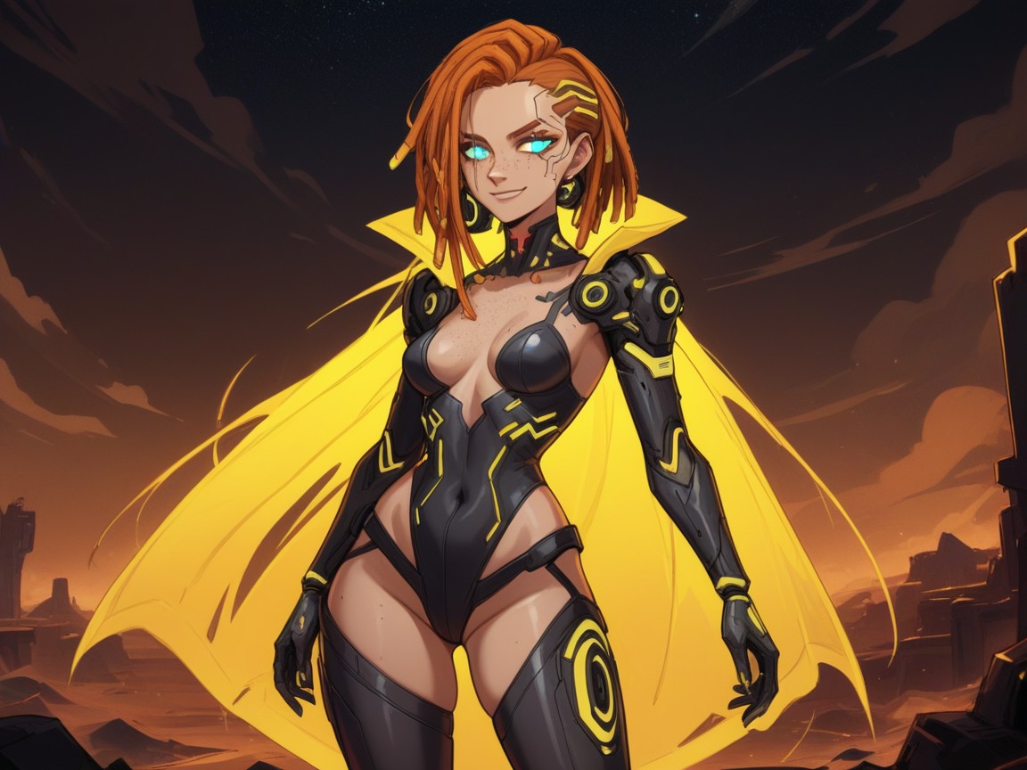 One Woman, 골든 아이즈, Wearing Gold Silk Cyberpunk Clothes 라틴 AI 야짤