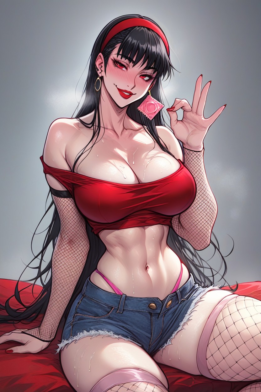 Looking At Viewer, Voluptuous, Black Fishnet Arm Sleeves Hentai AI Porn