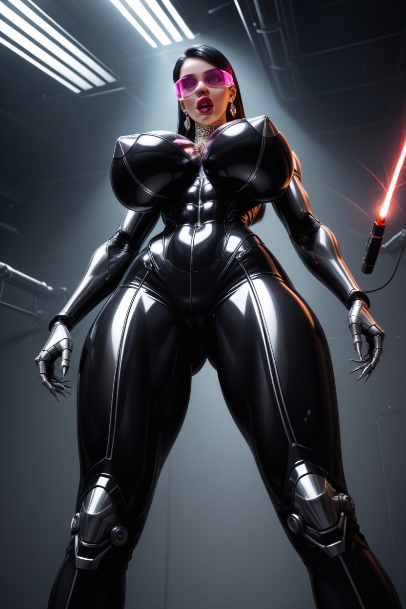 Mirrorlike Shiny Latex Catsuit, Clit Replaced By Robot Penis, Laser Rays Out Of Nipples AI Porn