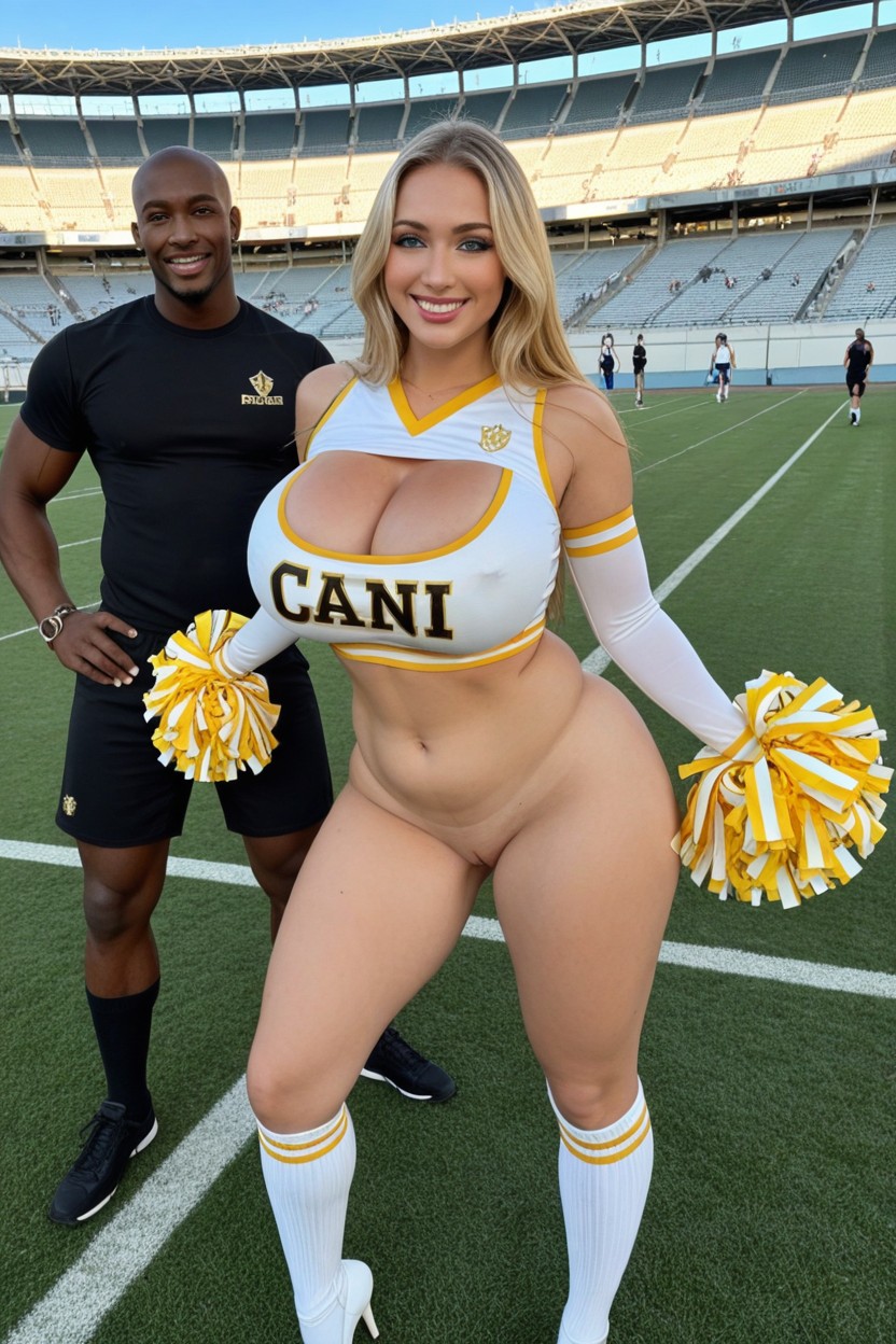 Arm Sleeves, Black Thigh High Socks With Gold Stripes, Bare Midriff AI Porn