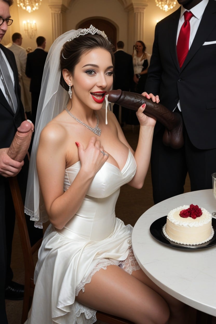 Bride With Wonderful Exclusive Voluptuous Wedding Dress, Helping Hands Of Husband Directing The Glans Towards The Brides Mouth, Harem AI Porn