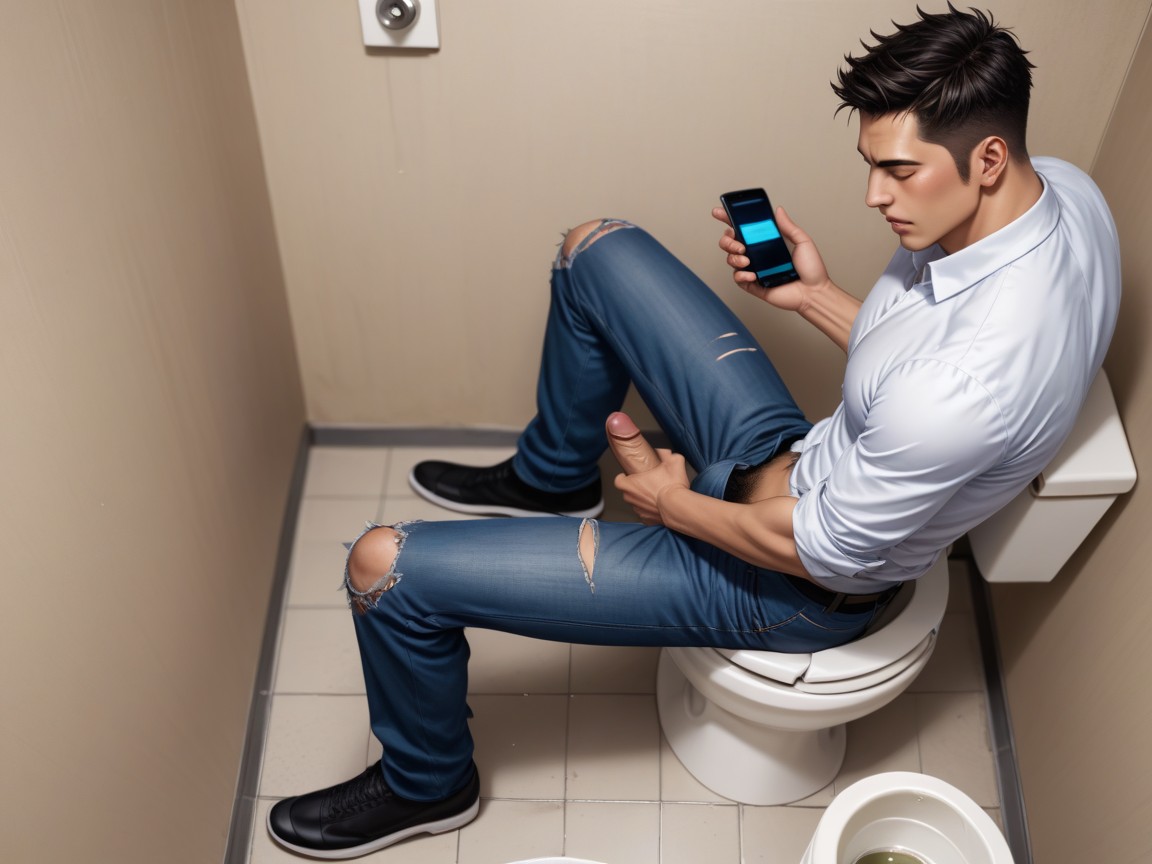 Athletic Masturbates In A Toilet Stall, ショートヘア, 茶色の目 ゲイAIポルノ