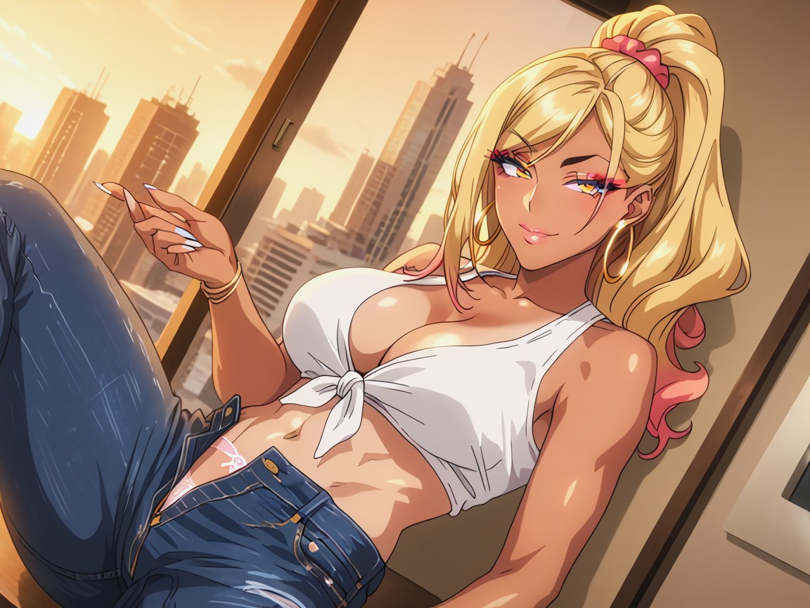 Warm Natural Light, Long White Acrylic Nails, Gyaru Style Hentai AI Porn