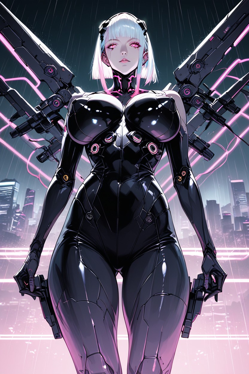 Large Dark Areola, Both Hand Holding Futuristic Gun, Full Body Hentai AI Porn