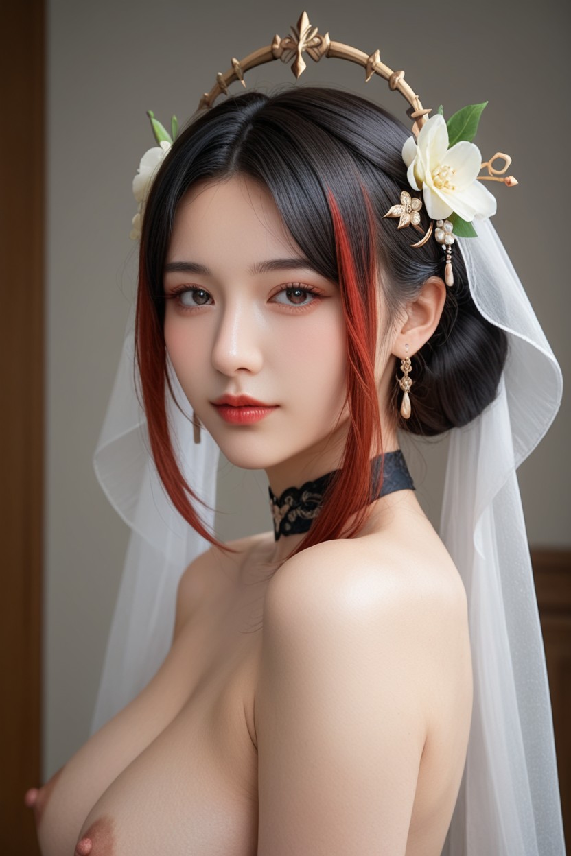 Ultra Realistic, Wear Glasses, Delicate Frills On Bust 아시아 AI 포르노
